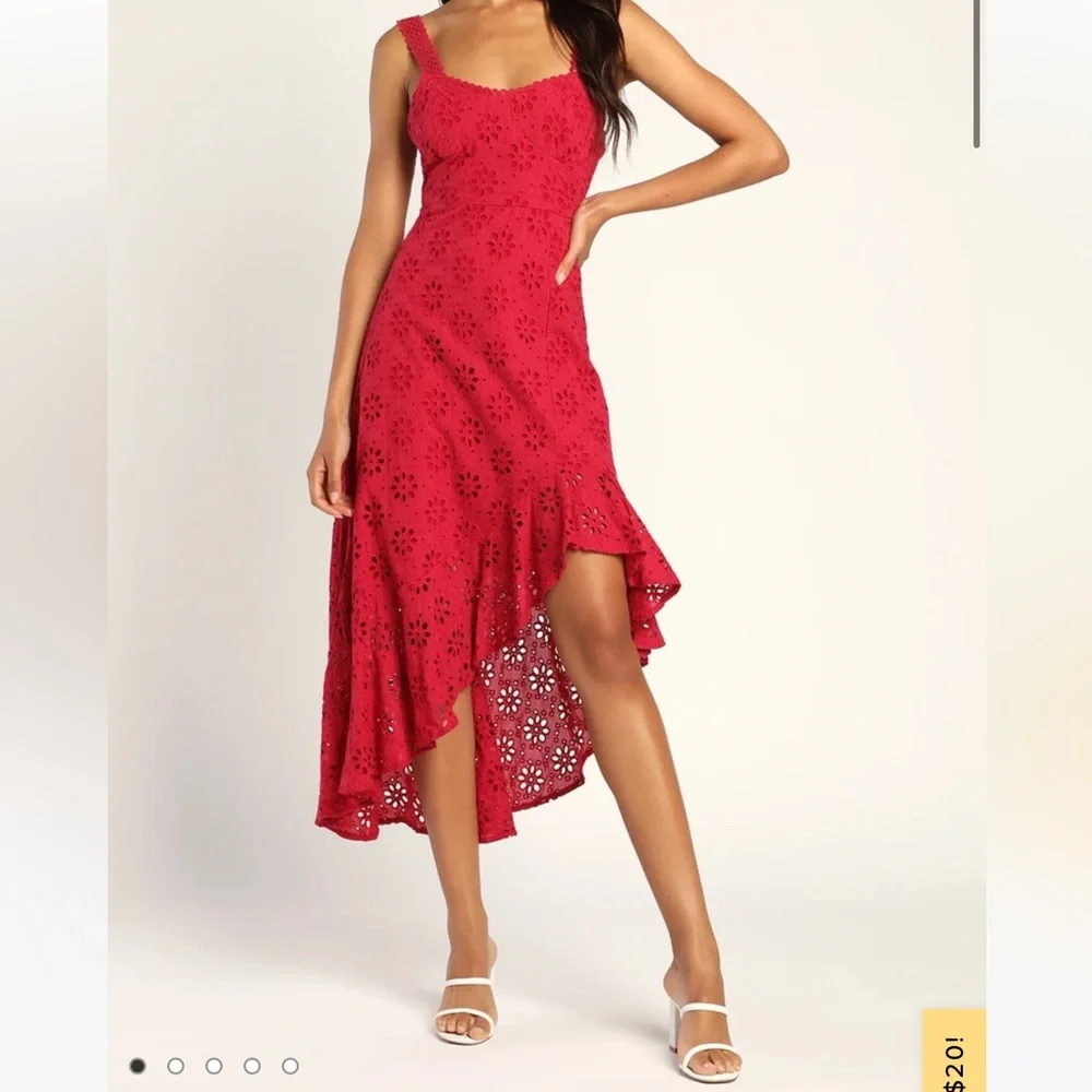 Lulu’s Adoring Days Berry Pink Eyelet Ruffled Asymmetrical Dress - Picture 1 of 12